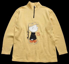 90s イタリア製 Charlie Brown チャーリーブラウン 刺繍 モックネック ハーフジップ 鹿の子 スウェット 薄黄 【中古】