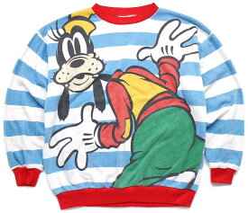 90s Mickey グーフィー 太ボーダー スウェット ボロ 水色×白×赤 【中古】