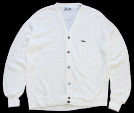 70s IZOD LACOSTE ラコステ ワンポイント パール編み アクリルニット カーディガン 白 L 【中古】