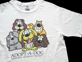 90s USA製 crazy shirts ADOPT A DOG ドッグ イラスト 両面 染み込みプリント コットンTシャツ 生成り M 【中古】