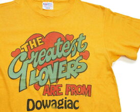 80s USA製 Hanes THE greatest LOVERS ARE FROM Dowagiac ハート コットンTシャツ 濃黄 M【中古】