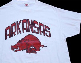 80s USA製 ARKANSAS イノシシ 89 ナンバリング フェルトプリント コットンTシャツ 白 XL【中古】