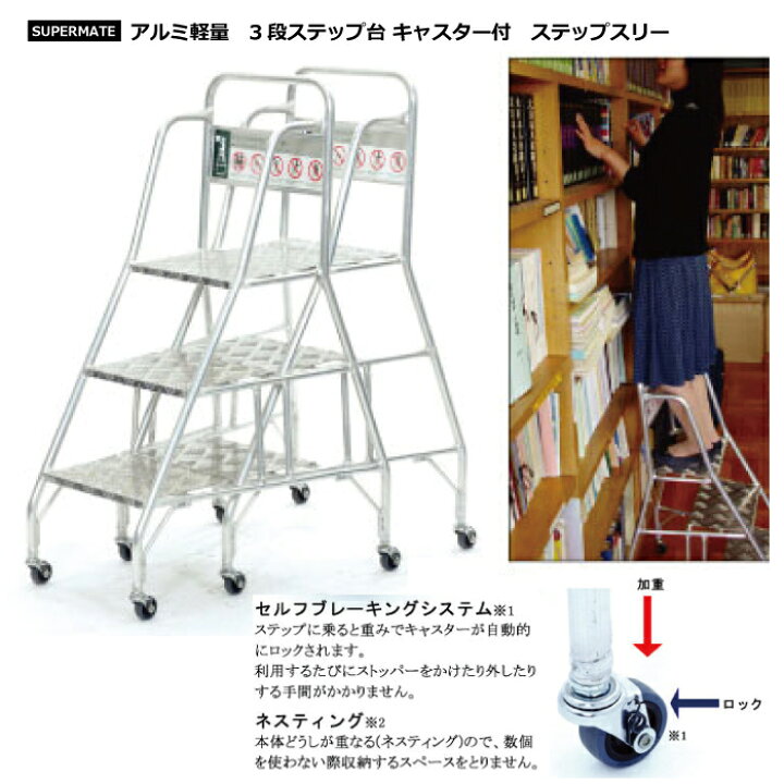 楽天市場】アルミ製 3段踏み台 ストッパー機能付 ステップスリー 