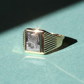 VINTAGE 英国 1980’s A&AJ ヘマタイト ギリシャローマン騎士インタリオ 9CT/9K GOLD シグネットリング JP17 me01 ri04