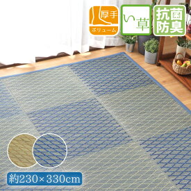 い草 ラグ 夏用 カーペット ウレタン入り 6畳 約230×330cm 防カビ 防ダニ 抗菌 防臭 幾何学柄 ベージュ ブルー コンパクト 天然素材 ごろ寝 夏用 イ草 上敷き ござ マット おしゃれ センターラグ 夏用 在宅 勤務 夢月