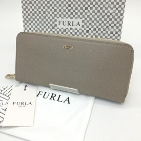 【中古】FURLA BABYLON バビロン 長財布 美品 財布 ウォレット ラウンドファスナー レザー 本革 箱付き レディース グレー フルラ 服飾小物 N17870F●