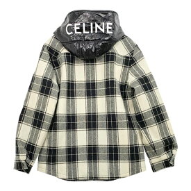 【中古】 CELINE セリーヌ フードロゴ フランネルシャツ ジャケット 2W4100010 21AW チェック 裏キルト 中綿 ブルゾン 防寒 メンズ サイズ44 ブラック ホワイト アウター DM9519■