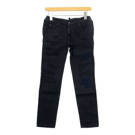 【中古】ディースクエアード JENNIFER CROP JEAN ブラックデニムパンツ 古着 ダメージ ジーンズ バックロゴ イタリア製 レディース サイズ34 XSサイズ相当 ブラック DSQUARED2 ズボン DL9874■