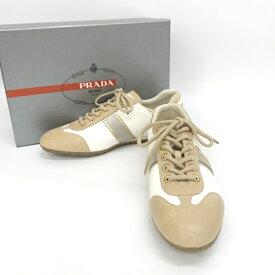 【中古】PRADA ローカット スニーカー ドライビングシューズ レースアップ CALZATURE DONNA ロゴ入り 箱付き レディース 38 1/2 25～25.5cm相当 ベージュ ホワイト プラダ 靴 IF10808■