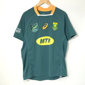 【中古】 asics ラグビー 南アフリカ代表 Tシャツ 2111A968 RWC 2021 ユニフォーム Tee ロゴ プリント レプリカ ジャージ カジュアル 古着 メンズ Lサイズ グリーン アシックス トップス A10447◆