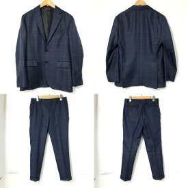 【中古】 BLACKLABEL CRESTBRUDGE スーツ グレンチェック 背抜き 背広 ビジネス 通勤 オフィス メンズ Mサイズ ネイビー ブラックレーベル クレストブリッジ セットアップ A11898◆