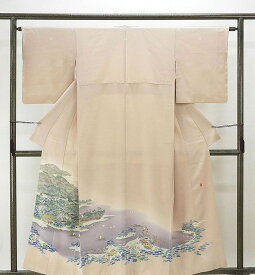 半額 50％OFF+10％クーポン！色留袖 正絹 家屋風景模様 身丈155cm 裄丈62.5cm 色留袖 三つ紋 美品 リサイクル 着物 f0065