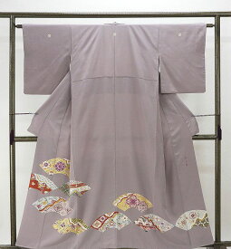 色留袖 正絹 帝王紫 扇面花鳥模様 身丈156cm 裄丈62cm 色留袖 五つ紋 リサイクル 着物 f0076