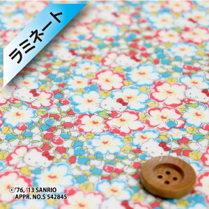 【サンドウ限定復刻色】ハローキティ×リバティプリント タナローン【ラミネート加工】(Floral Heart ライトブルー&レッド)フローラル・ハート【DC27724・J13C】