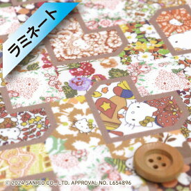 ハローキティ×リバティ・ファブリックス タナローン【ラミネート加工】（Patchwork Hearts パッチワーク・ハーツ）イエロー＆ベージュ【DC34428・J24D】