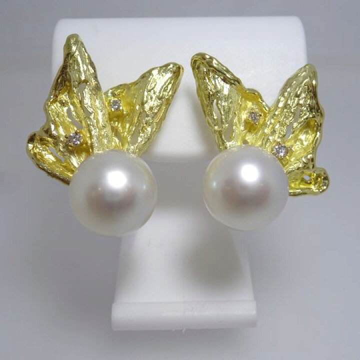 楽天市場】K18 南洋白蝶イヤリング 10.5mm ダイヤ 0.03ct : 宝石時計  