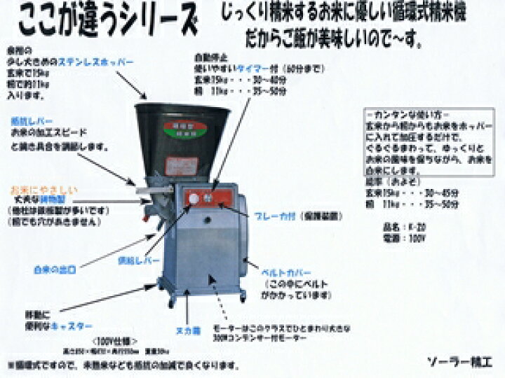 楽天市場】ソーラー精工 循環式精米機 K-30(2斗用) 送料無料 : ネット 
