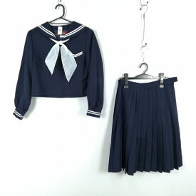 セーラー服 スカート スカーフ 上下3点セット トンボ 冬物 白2本線 女子 学生服 中学 高校 紺 制服 中古 ランクC NA2443