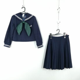セーラー服 スカート スカーフ 上下3点セット 160A 富士ヨット 冬物 白2本線 女子 学生服 中学 高校 紺 制服 中古 ランクC NA2446