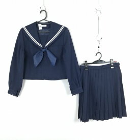 セーラー服 スカート スカーフ 上下3点セット 165A ELLE 冬物 白2本線 女子 学生服 中学 高校 紺 制服 中古 ランクC NA3523