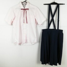 ブラウス スカート 紐タイ 上下3点セット L 大きいサイズ トンボ 夏物 女子 学生服 中学 高校 ピンク 制服 中古 ランクC NA5845