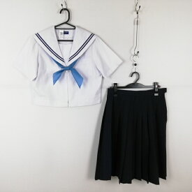 セーラー服 スカート スカーフ 上下3点セット 160A ミッシェルクラン 夏物 青2本線 女子 学生服 中学 高校 白 中古 ランクC NA6698