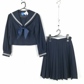 セーラー服 スカート スカーフ 上下3点セット 160A 冬物 白2本線 女子 学生服 中学 高校 紺 制服 中古 ランクC NA2022