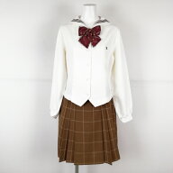 セーラー服 チェックスカート リボン 上下3点セット 165A トンボ 中間服 茶3本線 女子 学生服 竜ヶ崎第二…