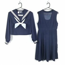 セーラー服 ジャンパースカート スカーフ 上下3点セット 冬物 白2本線 女子 学生服 中学 高校 紺 制服 中古 ランクC NA1248