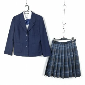 ブレザー チェックスカート リボン 上下4点セット 160A オリーブデオリーブ 冬物 女子 学生服 中学 高校 紺 制服 中古 ランクC NA2107