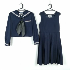 セーラー服 ジャンパースカート スカーフ 上下3点セット L 冬物 白2本線 女子 学生服 中学 高校 紺 制服 中古 ランクC EY7388