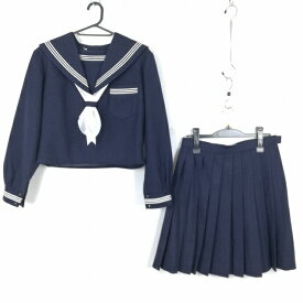 セーラー服 スカート 上下2点セット 冬物 白3本線 女子 学生服 中学 高校 紺 制服 中古 ランクC EY8029