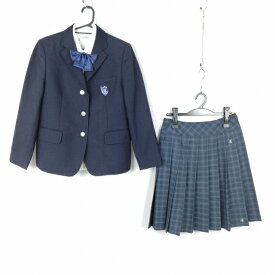 ブレザー チェックスカート リボン 上下4点セット 指定 カンコー 冬物 女子 学生服 中学 高校 紺 制服 中古 ランクC NA3886
