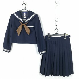 セーラー服 スカート スカーフ 上下3点セット 冬物 白3本線 女子 学生服 中学 高校 紺 制服 中古 ランクC EY8723