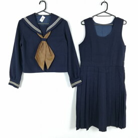 セーラー服 ジャンパースカート スカーフ 上下3点セット 指定 冬物 白3本線 女子 学生服 中学 高校 紺 制服 中古 ランクC EY9093