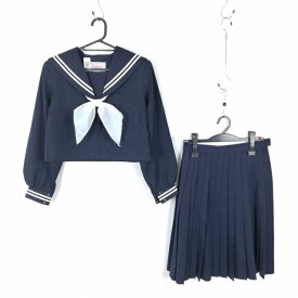セーラー服 スカート スカーフ 上下3点セット 冬物 白2本線 女子 学生服 中学 高校 紺 制服 中古 ランクC EY9241