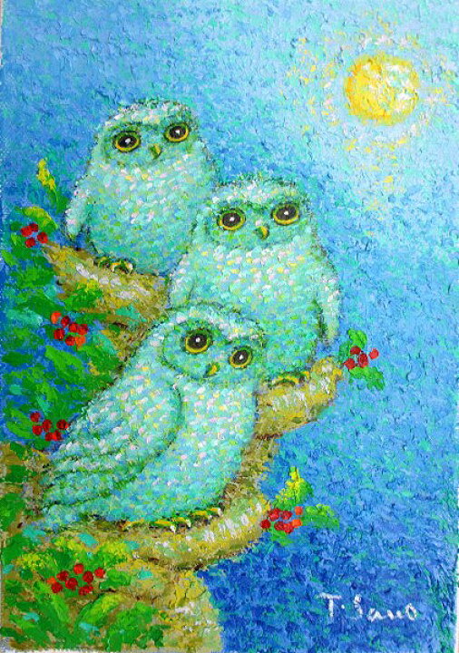 楽天市場】絵画 油絵 肉筆絵画 SMサイズ 「満月のふくろう」 佐野 