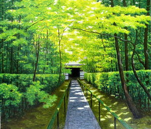 油絵 肉筆絵画 F4サイズ 「京都高桐院」 朝隈 敏彦 木枠付 -新品