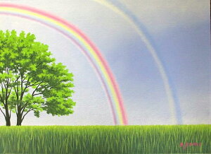 油絵 肉筆絵画 F15サイズ 「虹のある風景1」 白鳥 あゆみ 木枠付 -新品