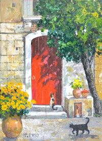 絵画 油絵 肉筆絵画 F4サイズ NO.3 「赤い扉と2匹の猫」 伊東 拓実 木枠付 ～外国風景と猫の暮らし -新品