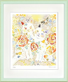 絵画 額装 デジタル版画 平石智美 「黄色のバラと2匹のねこ」 四ッ切