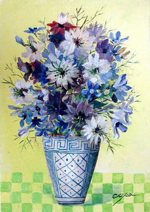 楽天市場】油彩画 洋画 (油絵額縁付きで納品対応可) SM 「器と青い花 