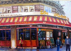 油彩画 洋画 (油絵額縁付きで納品対応可) WF3 「パリのカフェ2」 半澤 国雄