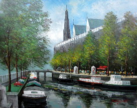 油彩画 洋画 (油絵額縁付きで納品対応可) P10号 「アムステルダムの運河」 中島 達幸