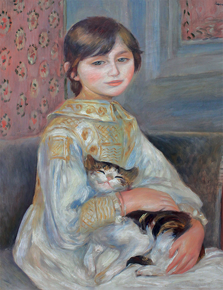 絵画 額縁付き 複製名画 世界の名画シリーズ ピエール・オーギュスト・ルノワール 「 猫を抱く少女(ジューリマネと猫) 」 サイズ 8号 | 絵画  掛軸 額縁屋 ＴＯＵＯ