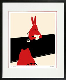 絵画 額装 デジタル版画 MEOMEO 作 「読書するウサギ」 四ツ切サイズ -新品