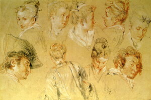 絵画 名画 複製画 額縁付(MJ108N-G) アントワーヌ・ヴァトー 「頭部習」 3号 〜 お買い得サイズ:大全紙