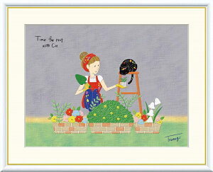 高精細デジタル版画 額装絵画 現代アートシリーズ Tsugumi Time for rest -動物のいる暮らし- 山田 つぐみ (やまだ つぐみ) 「 ガーデニング 」 サイズ F4 F6 F8号
