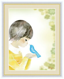 高精細デジタル版画 額装絵画 微笑みの中のこどもたち 榎本 早織作 「青い鳥とクローバー」 F6