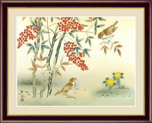 高精細デジタル版画 額装絵画 日本画 花鳥画 冬飾り 北山歩生作 「南天福寿」 F6